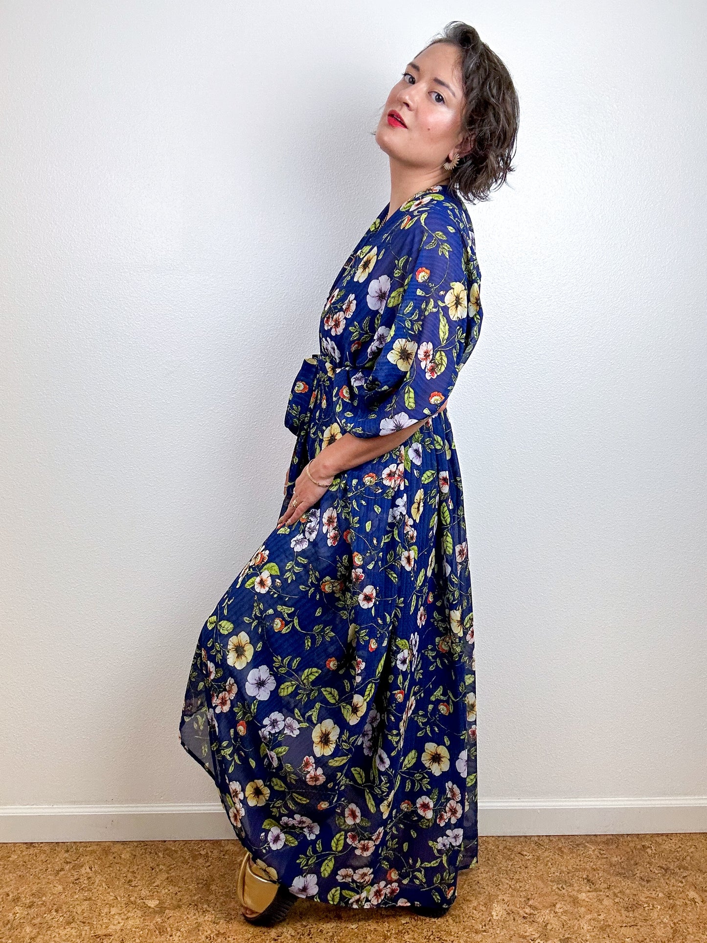 Print High Low Kimono Navy Wildflower Floral Chiffon