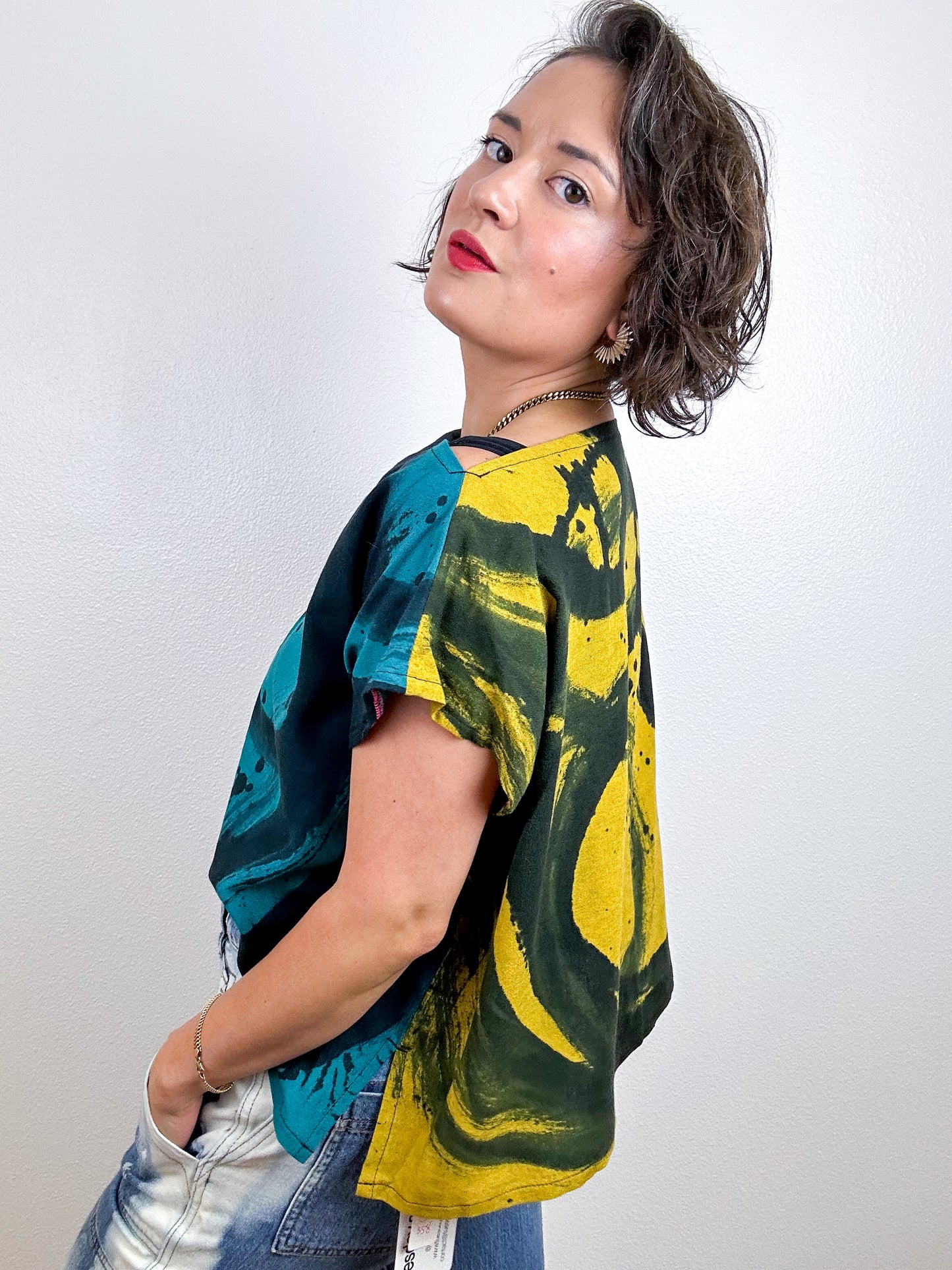 Hand-Dyed Linen Blend Flip Crop Teal Brass Sumi
