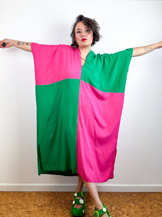 Color Block Midi Caftan Dress Green Magenta