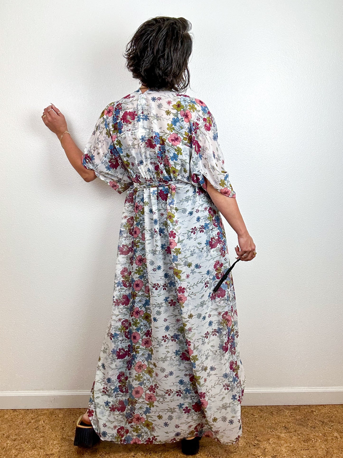 Print High Low Kimono Wildflower Crinkle Chiffon