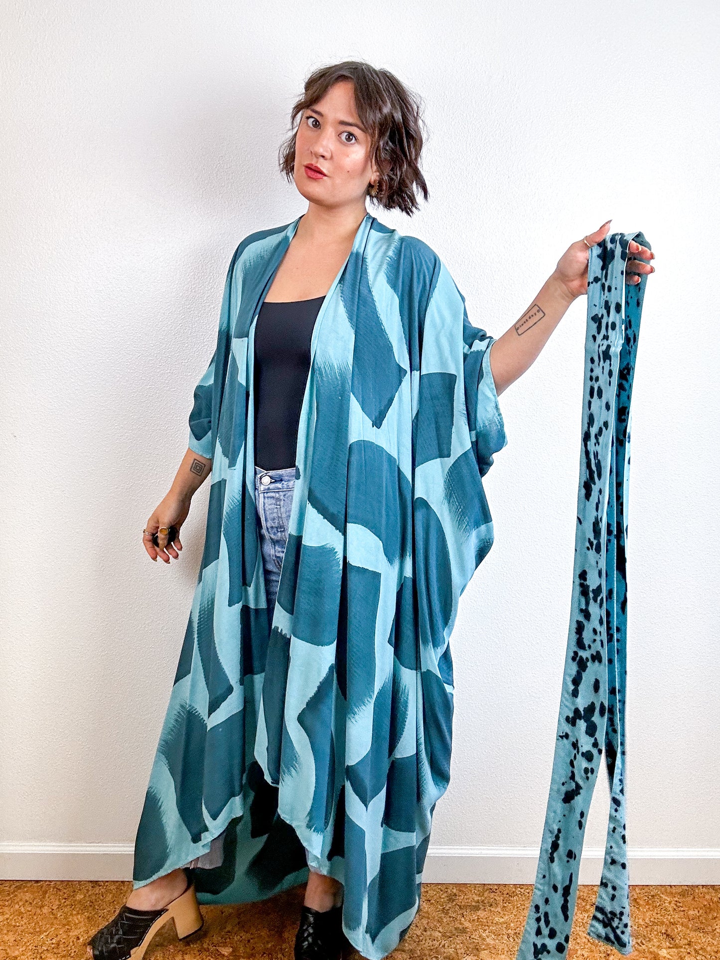 Hand-Dyed High Low Kimono Aqua Teal Brush