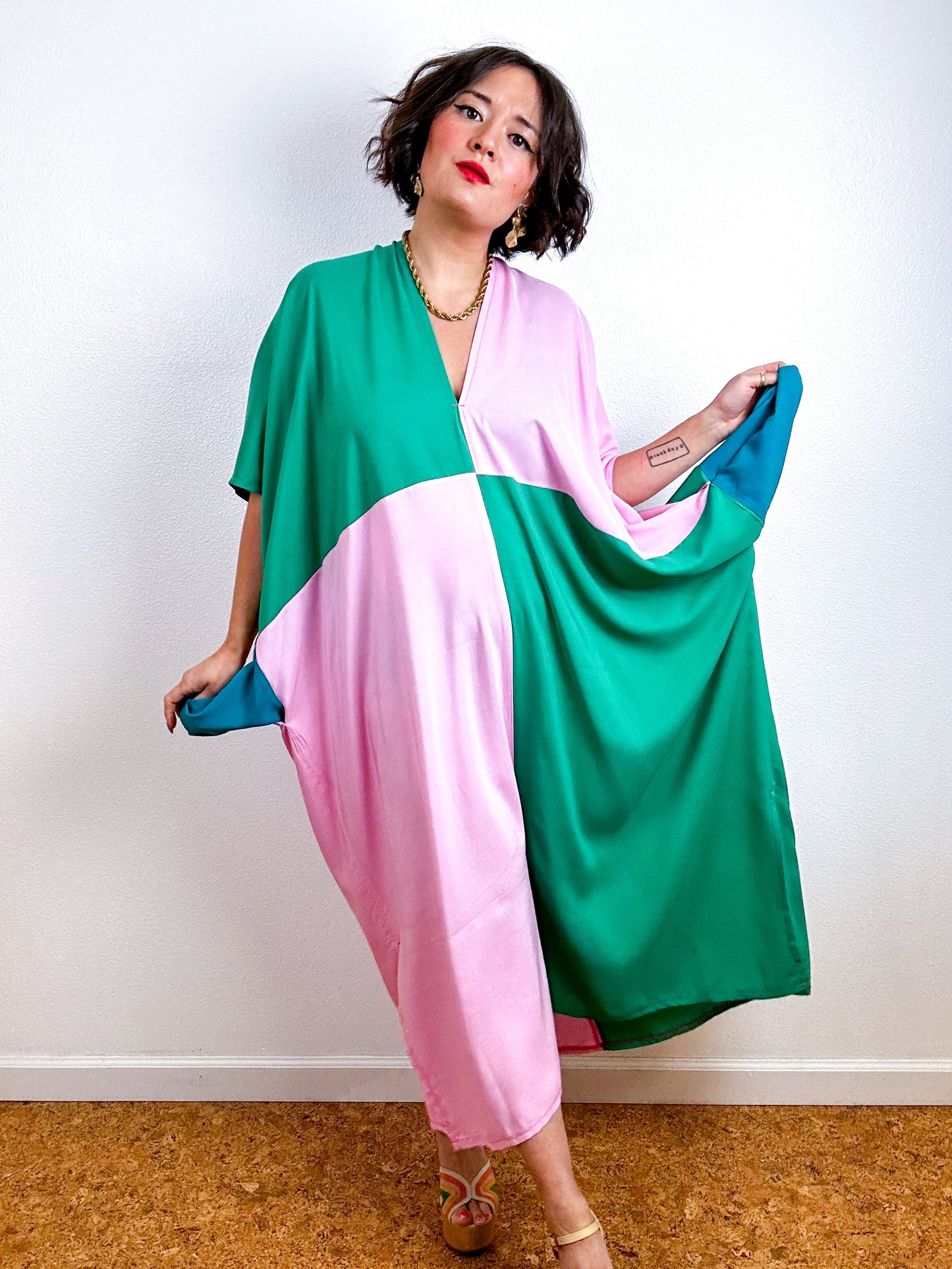 Color Block Midi Caftan Dress Emerald Pink