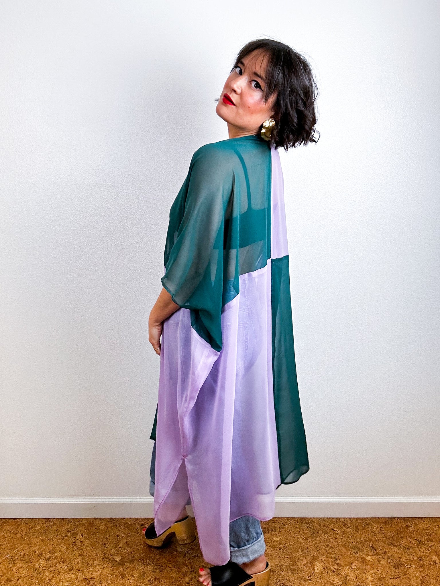 SILK Color Block Midi Caftan Dress Teal Lavender