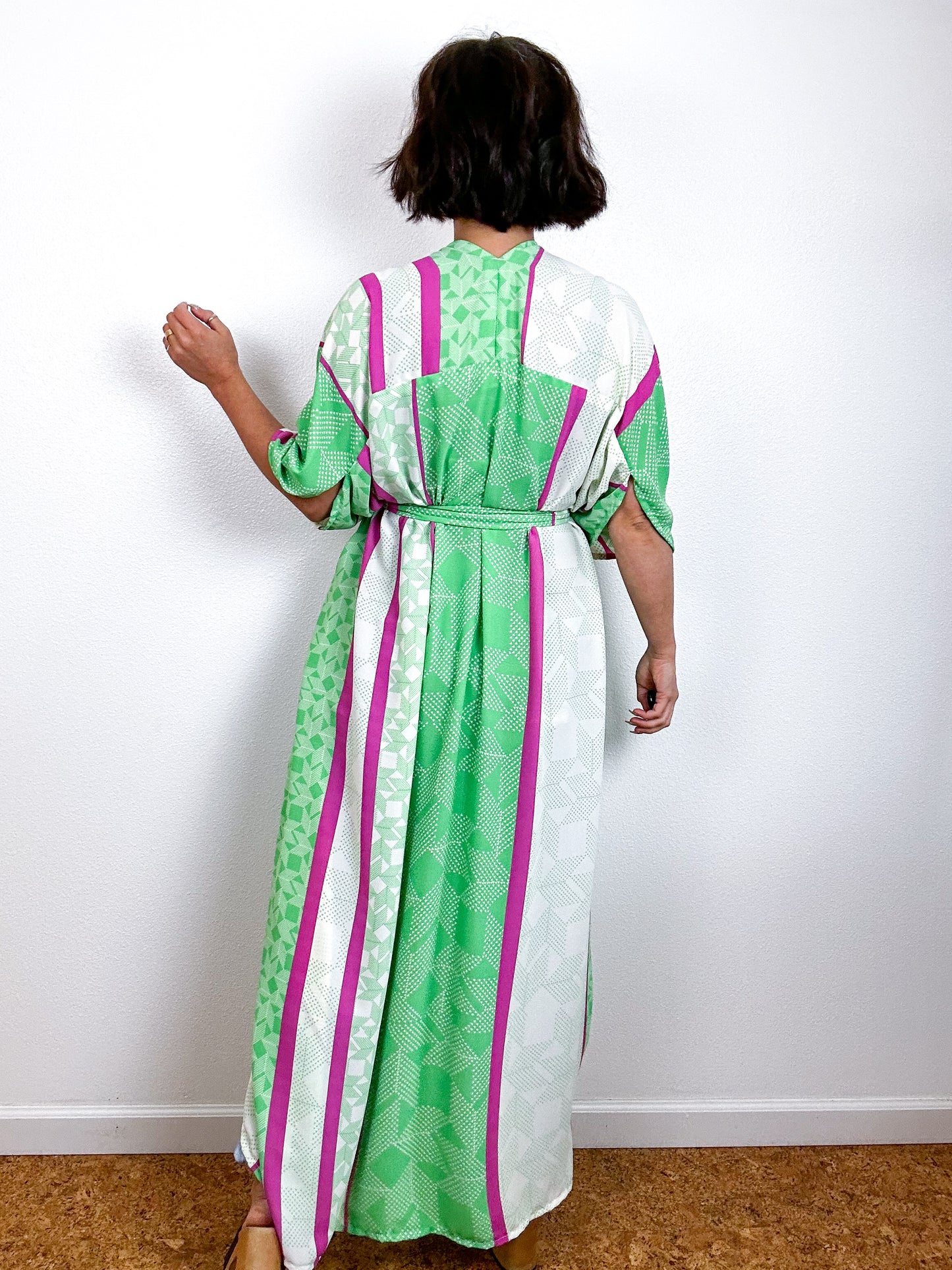 Print High Low Kimono Lime Magenta Ivory Georgette