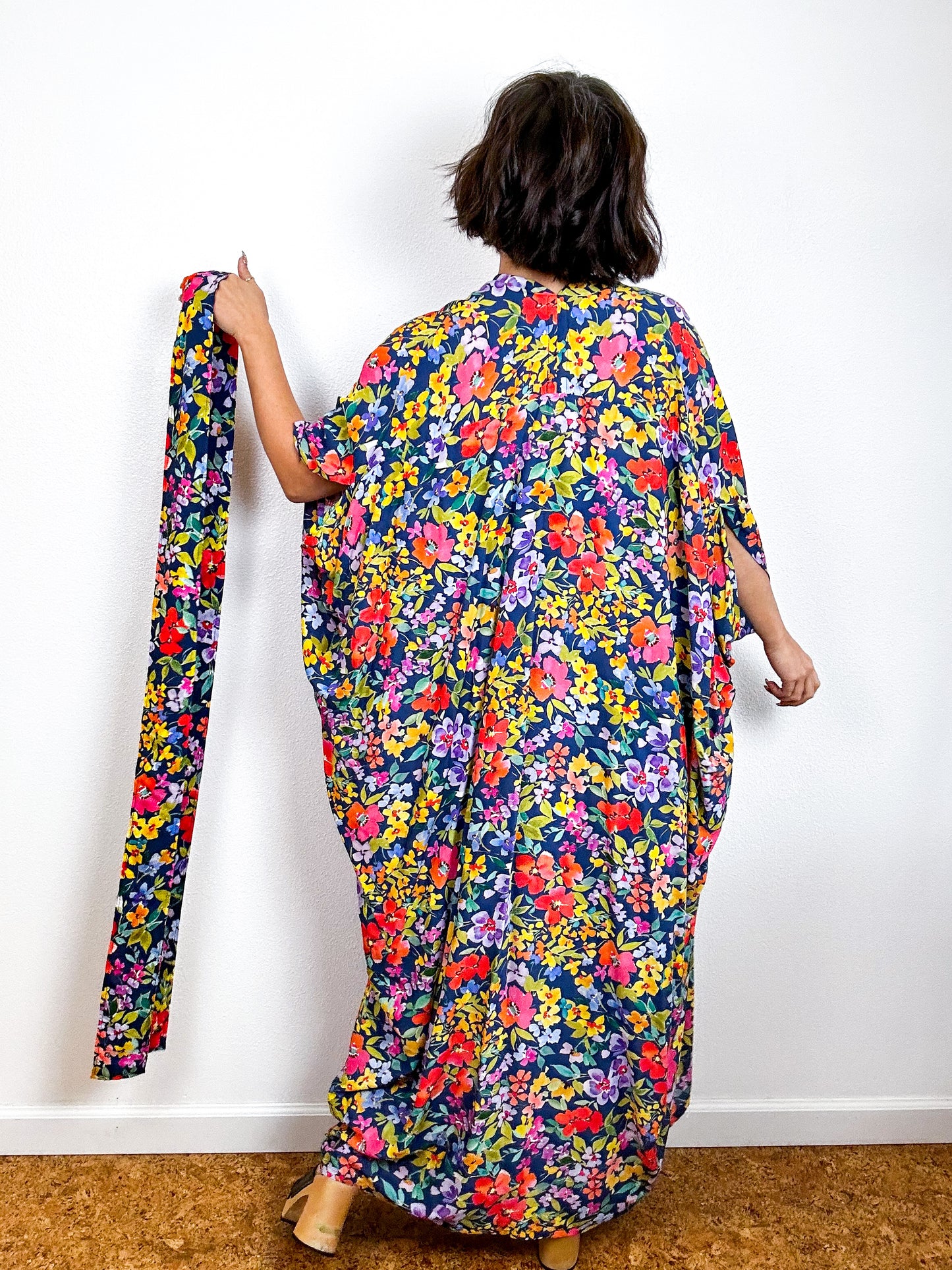 Print High Low Kimono Blue Floral Challis