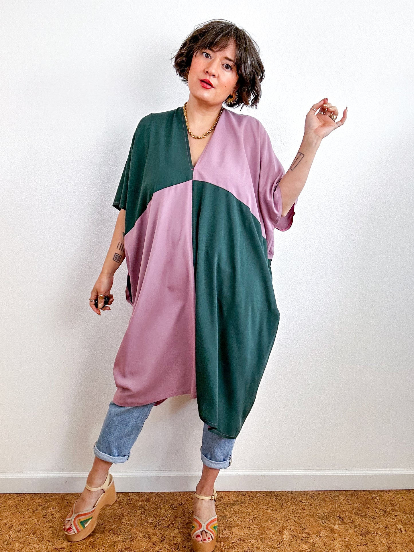 Color Block Mini Caftan Dress Forest Mauve