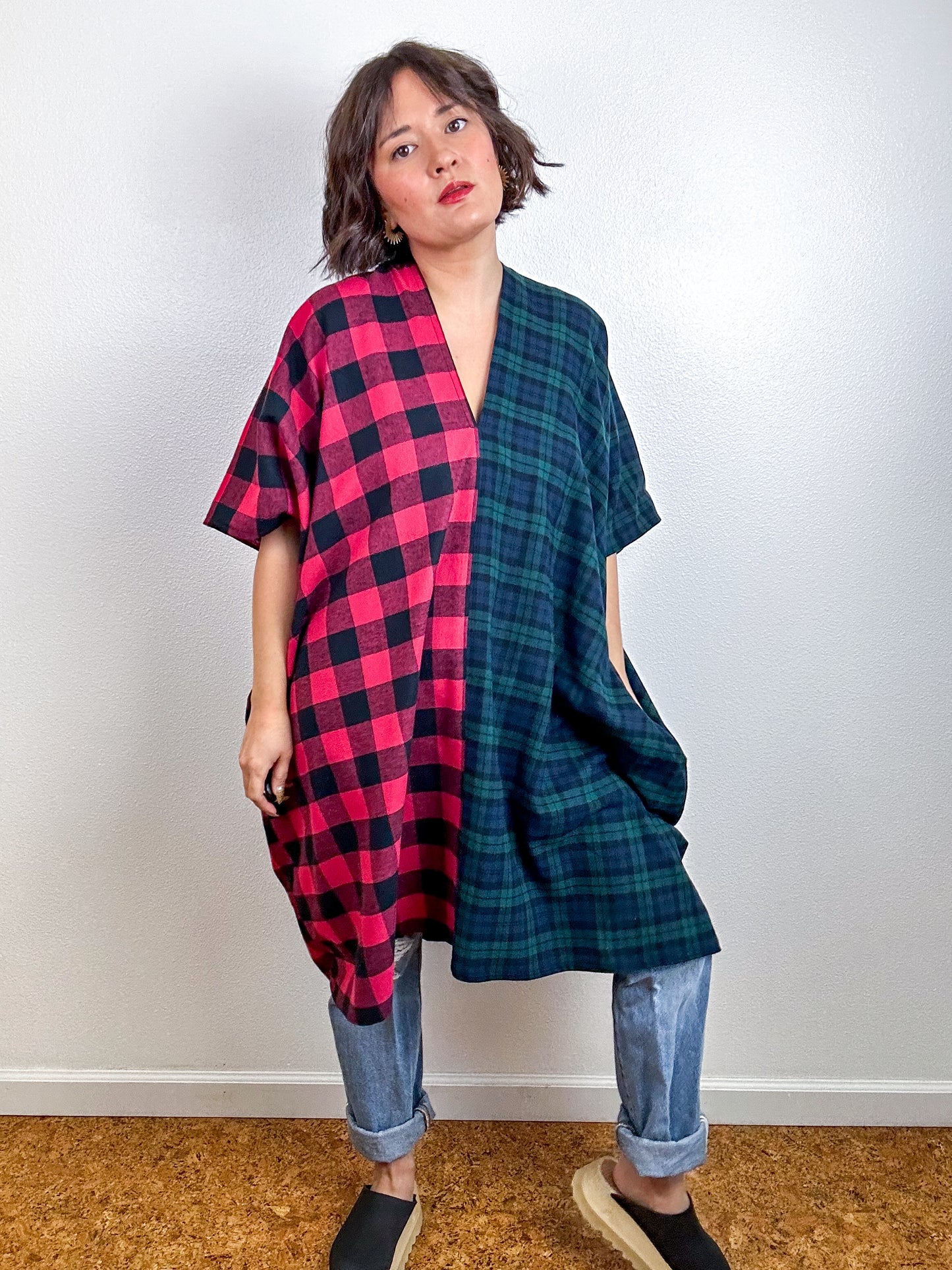 Oversized Plaid Smock Dress Red Check Navy Green