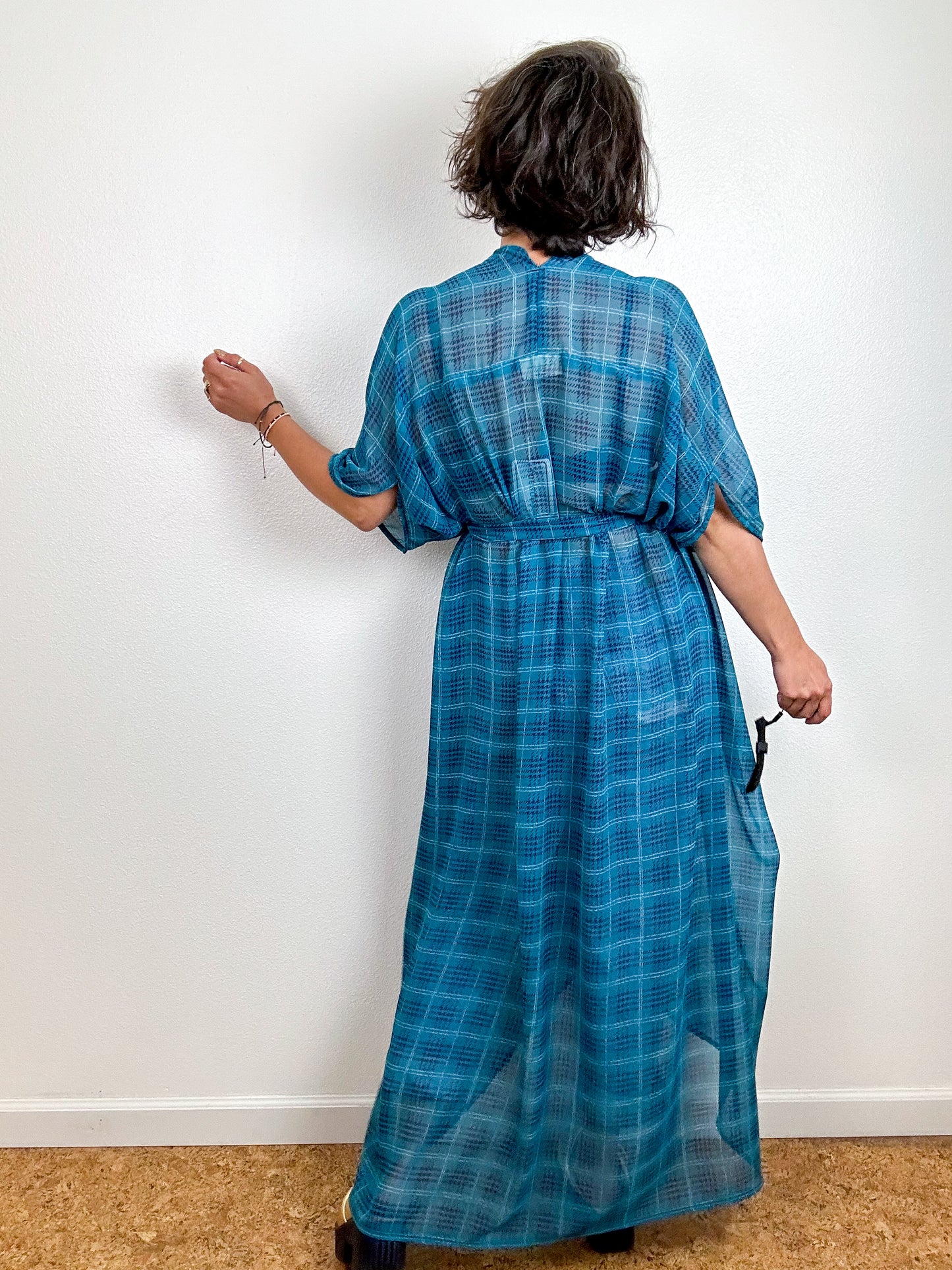 Print High Low Kimono Teal Plaid Chiffon