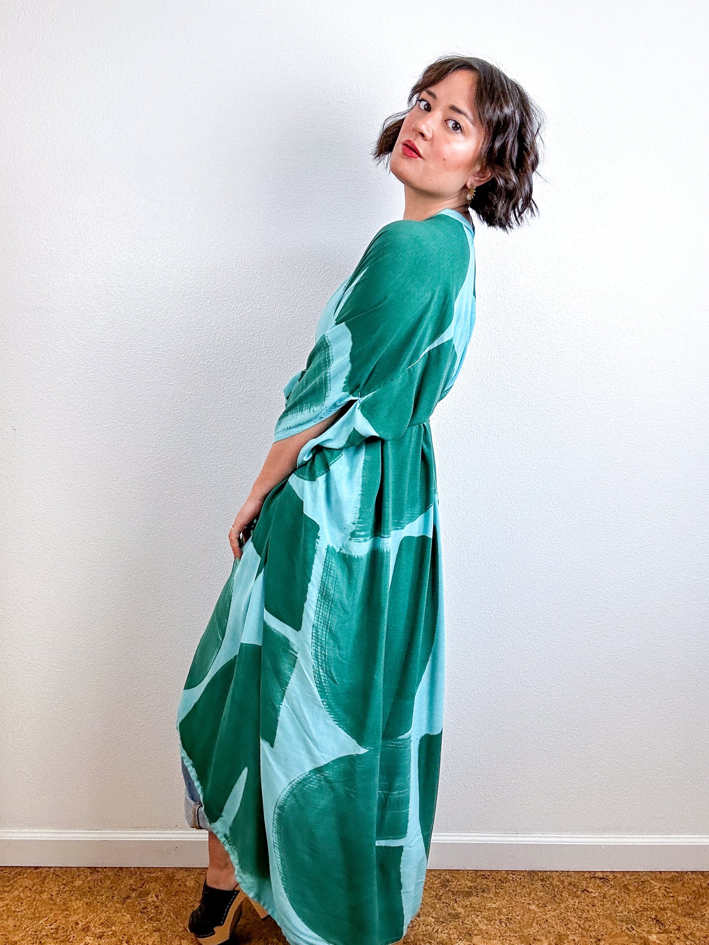 Hand-Dyed High Low Kimono Aqua Forest Brushstroke