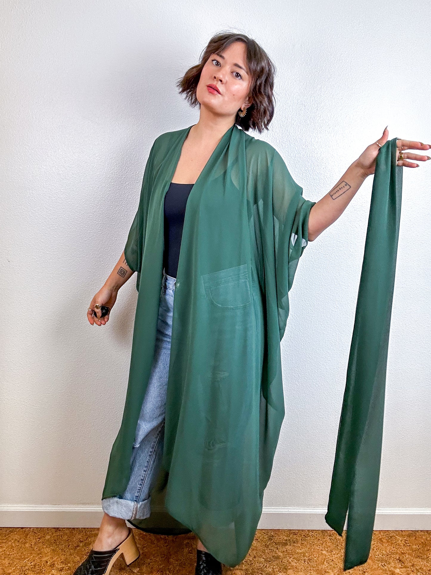 Solid High Low Kimono Olive Chiffon