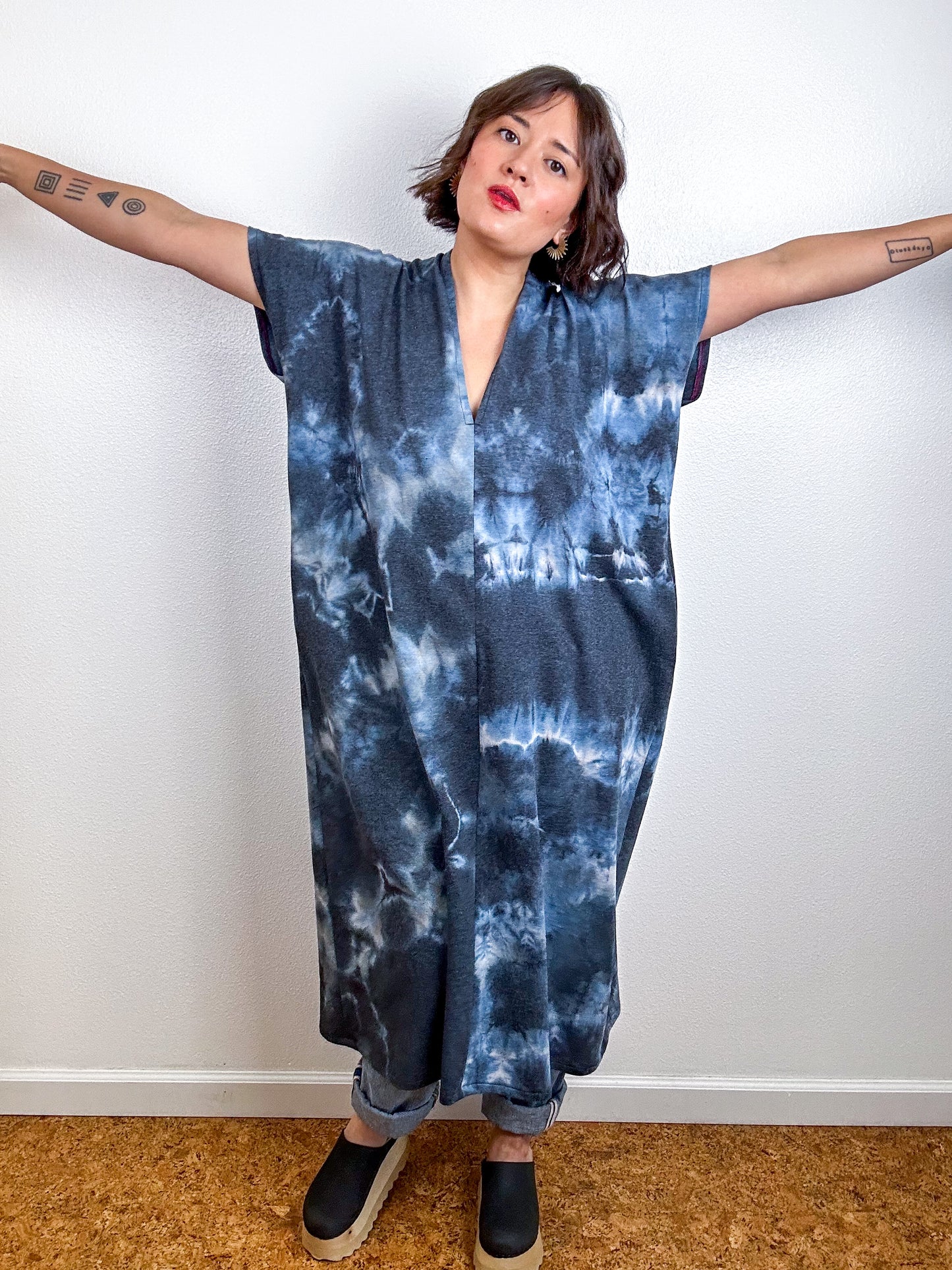 Hand-Dyed Midi Sweatshirt Smock Dress Blue Black Tie