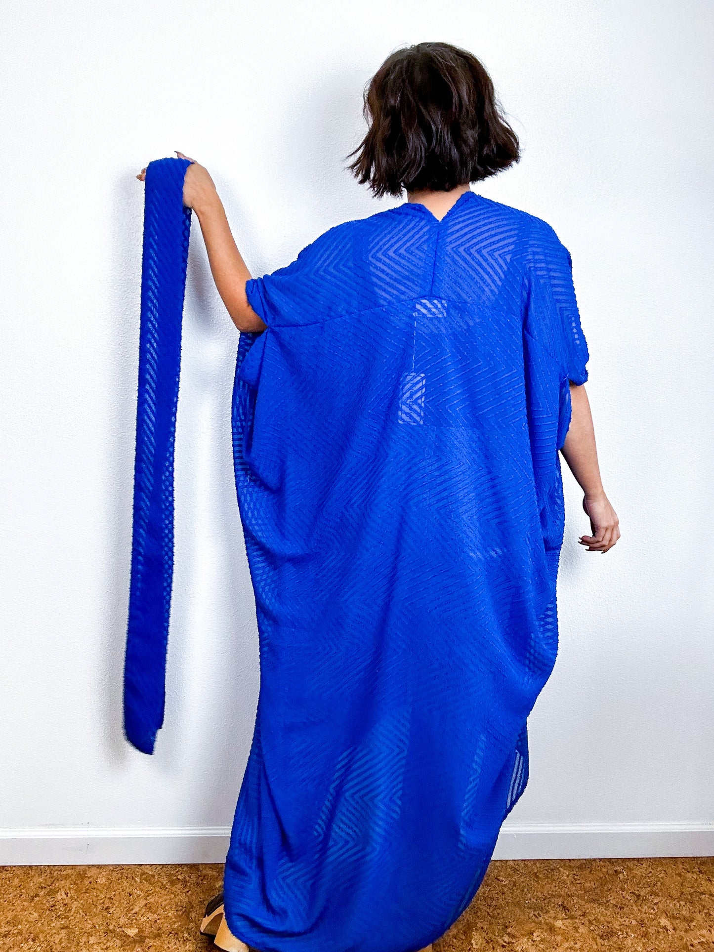 Solid High Low Kimono Royal Blue Chevron Chiffon