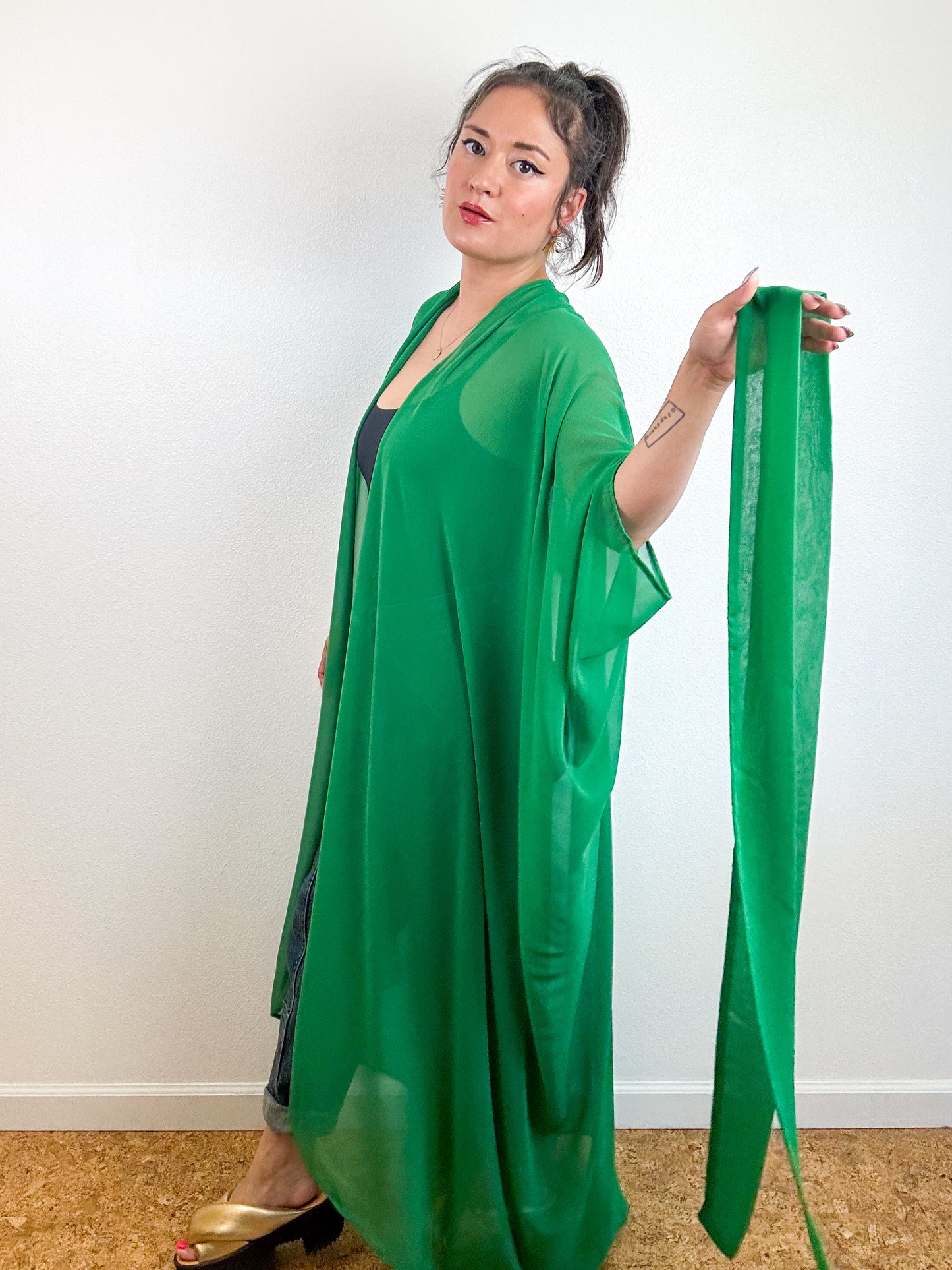 Solid High Low Kimono Kelly Green Chiffon