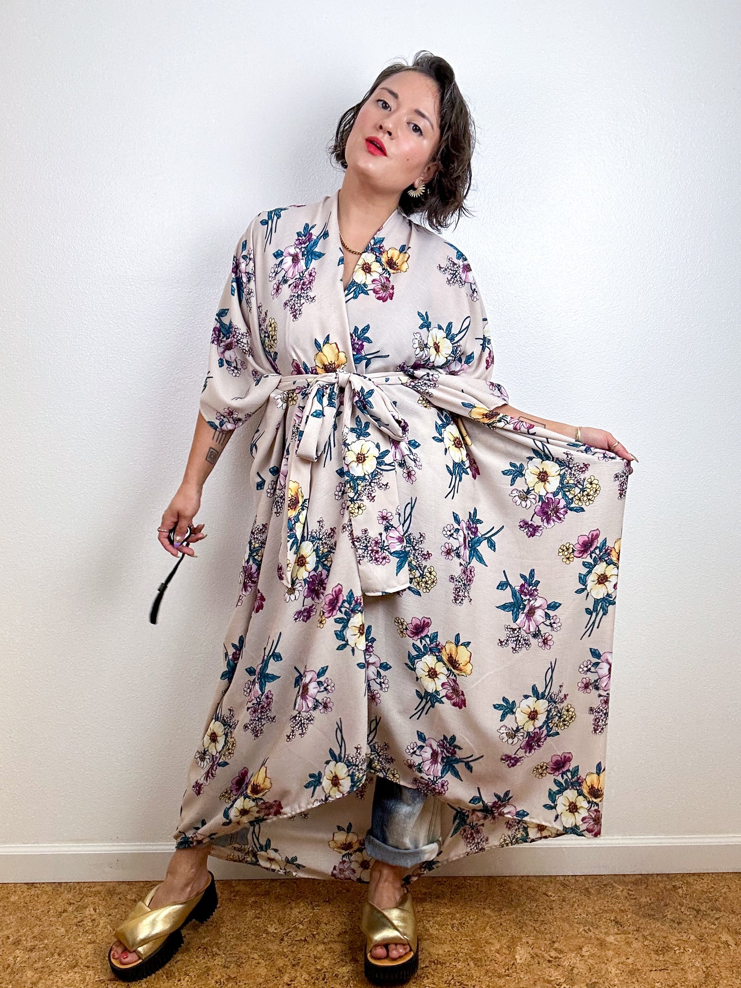 Print High Low Kimono Blush Bouquet Rayon Crepe
