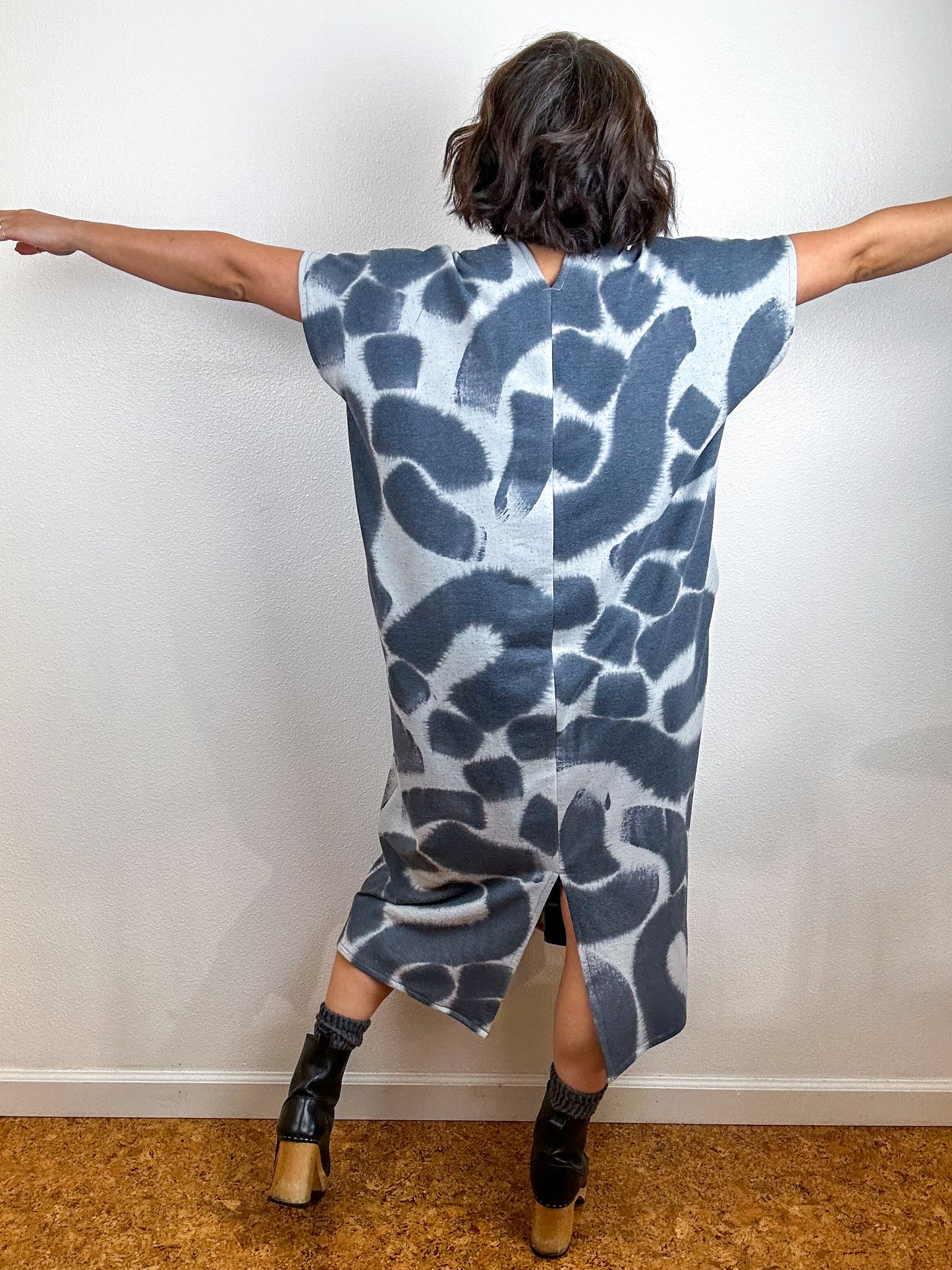 Hand-Dyed Midi Sweatshirt Smock Dress Graphite Doodle