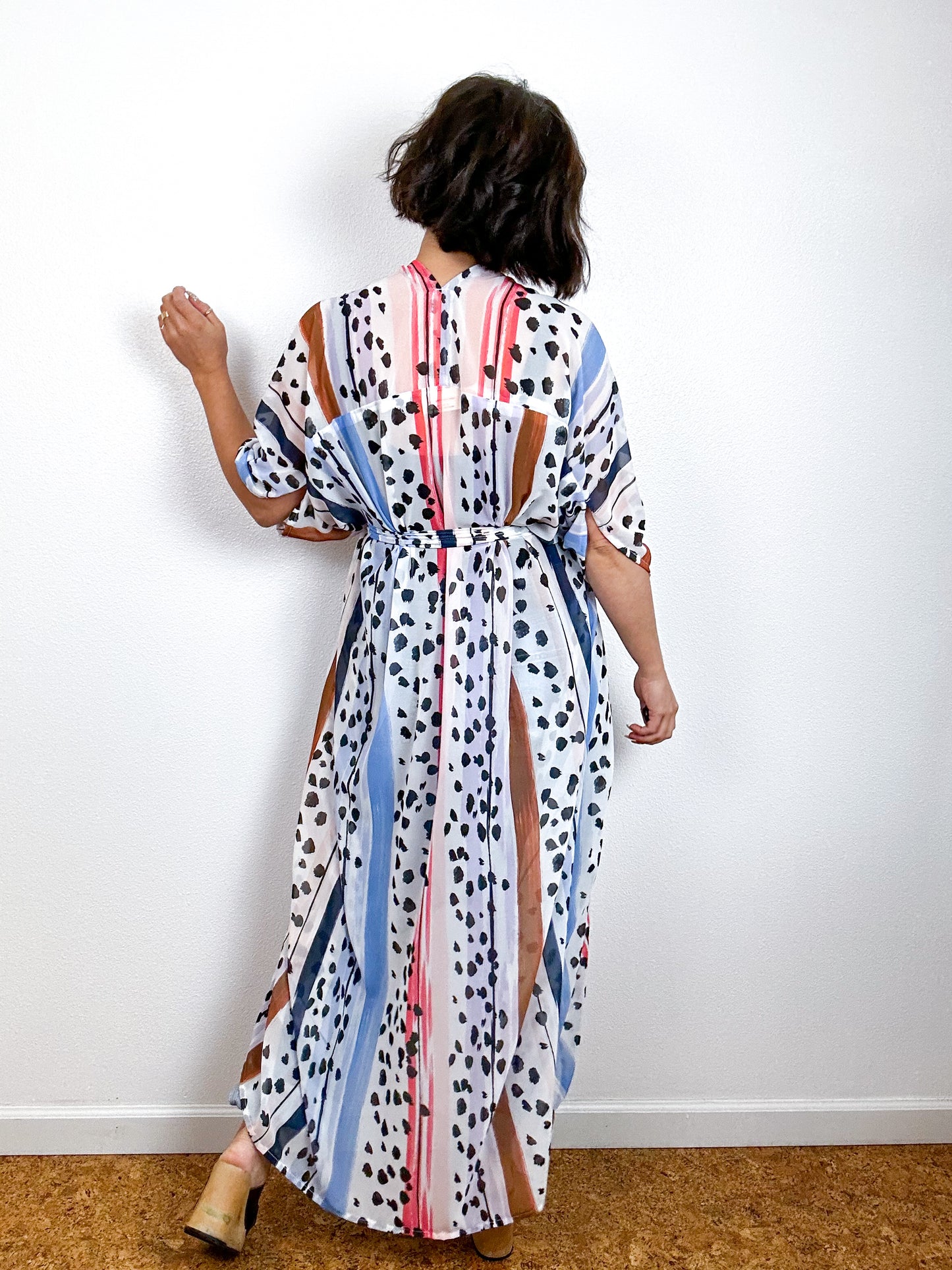Print High Low Kimono Stripe Dots Chiffon