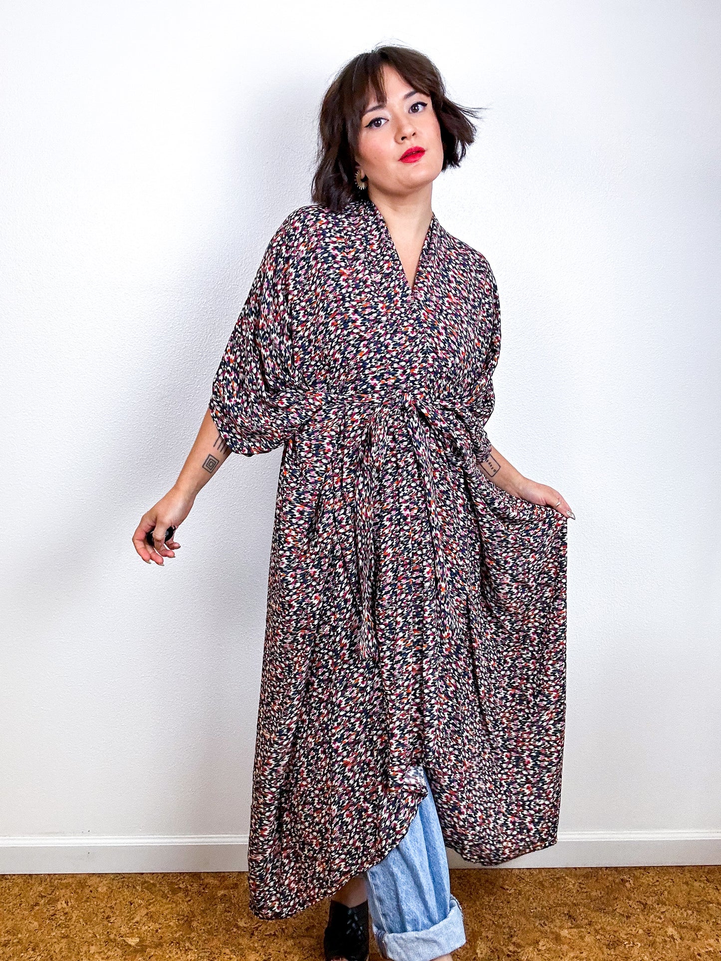 Print High Low Kimono Black Mini Ikat Challis