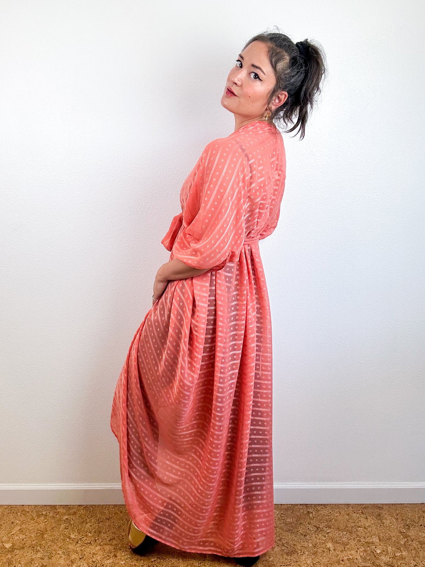 Print High Low Kimono Coral Dots Stripes Chiffon