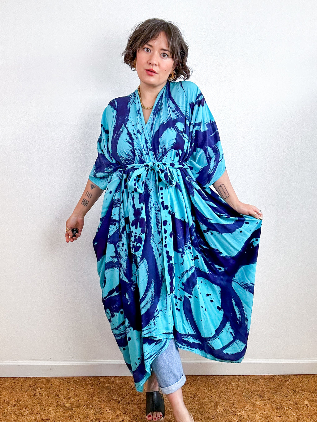 Hand-Dyed High Low Kimono Aqua Royal Sumi