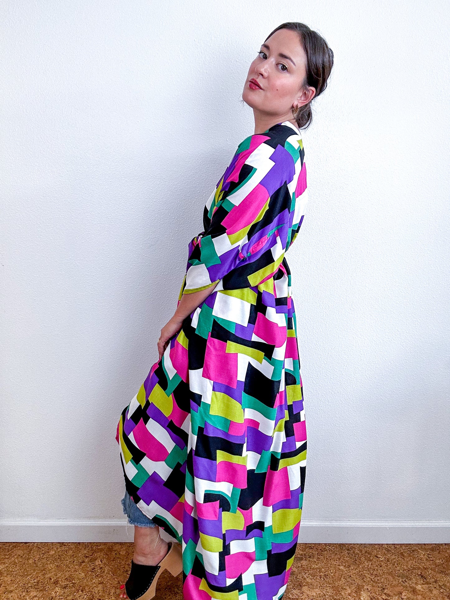 Print High Low Kimono Multi Color Block Challis
