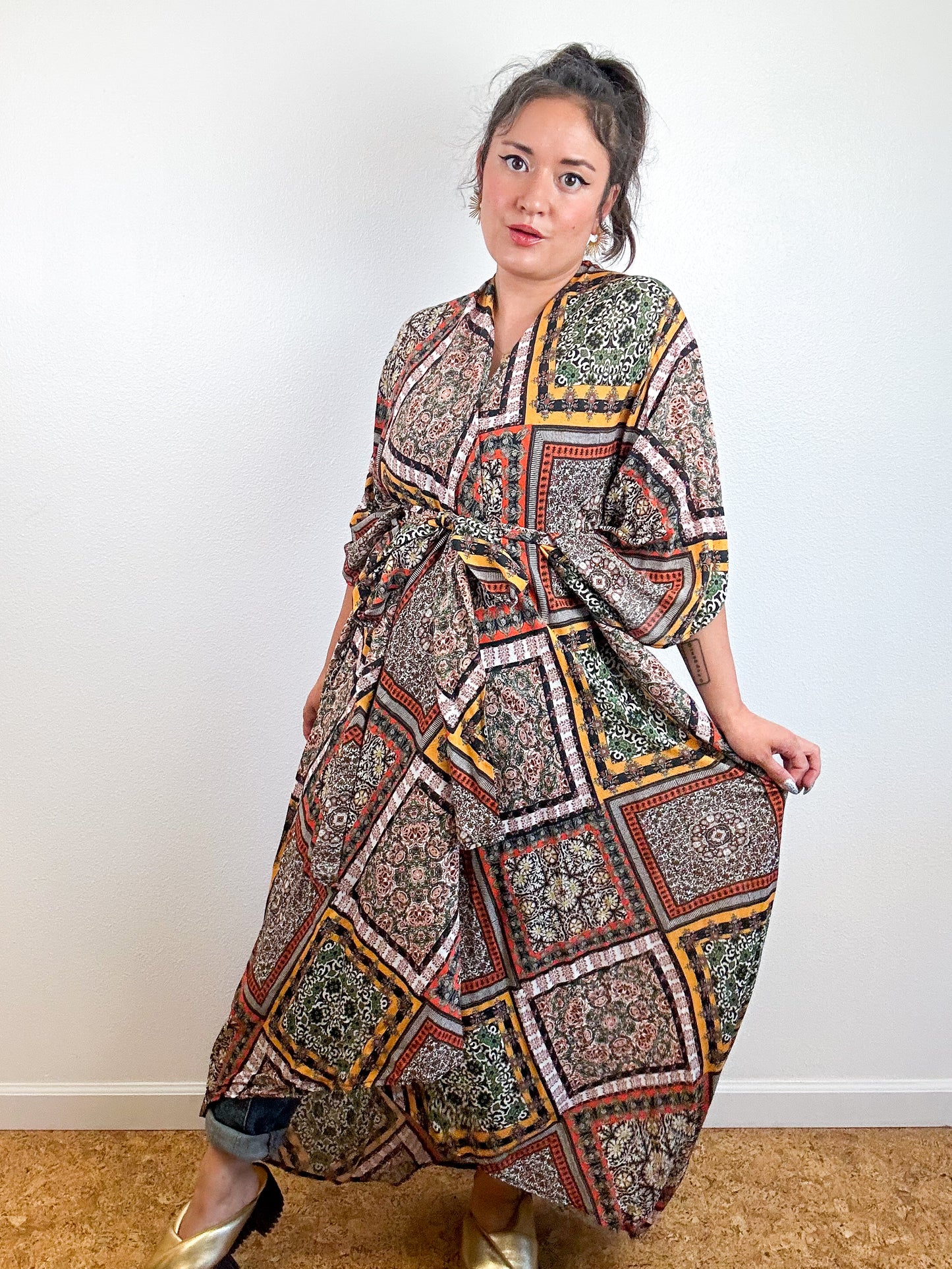 Print High Low Kimono Earthy Patchwork Crinkle Challis