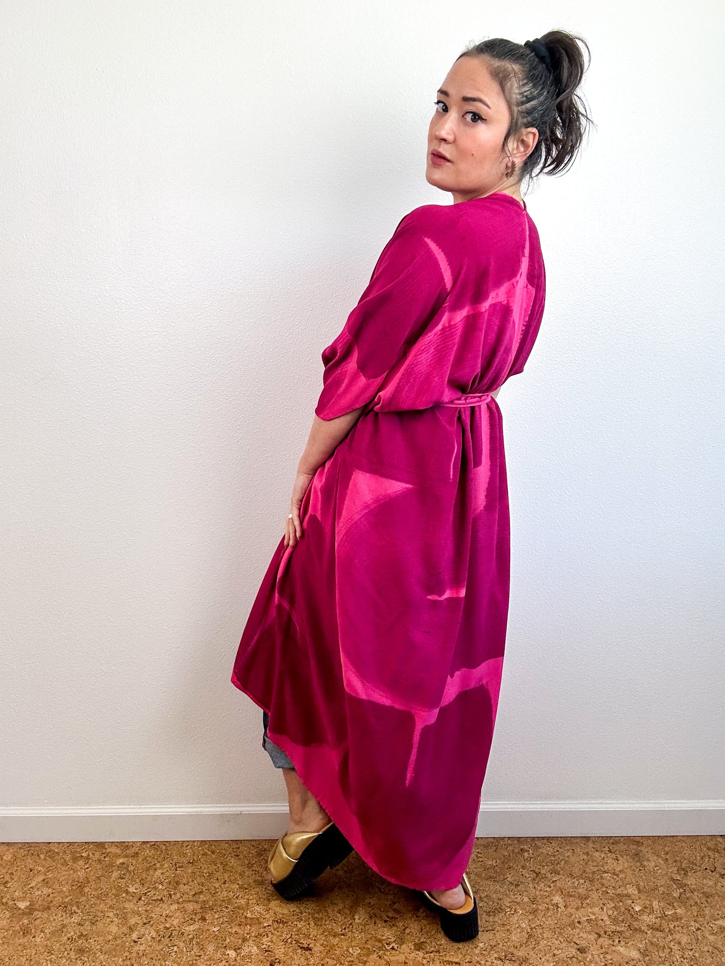 Hand-Dyed High Low Kimono Fuchsia Berry Arc