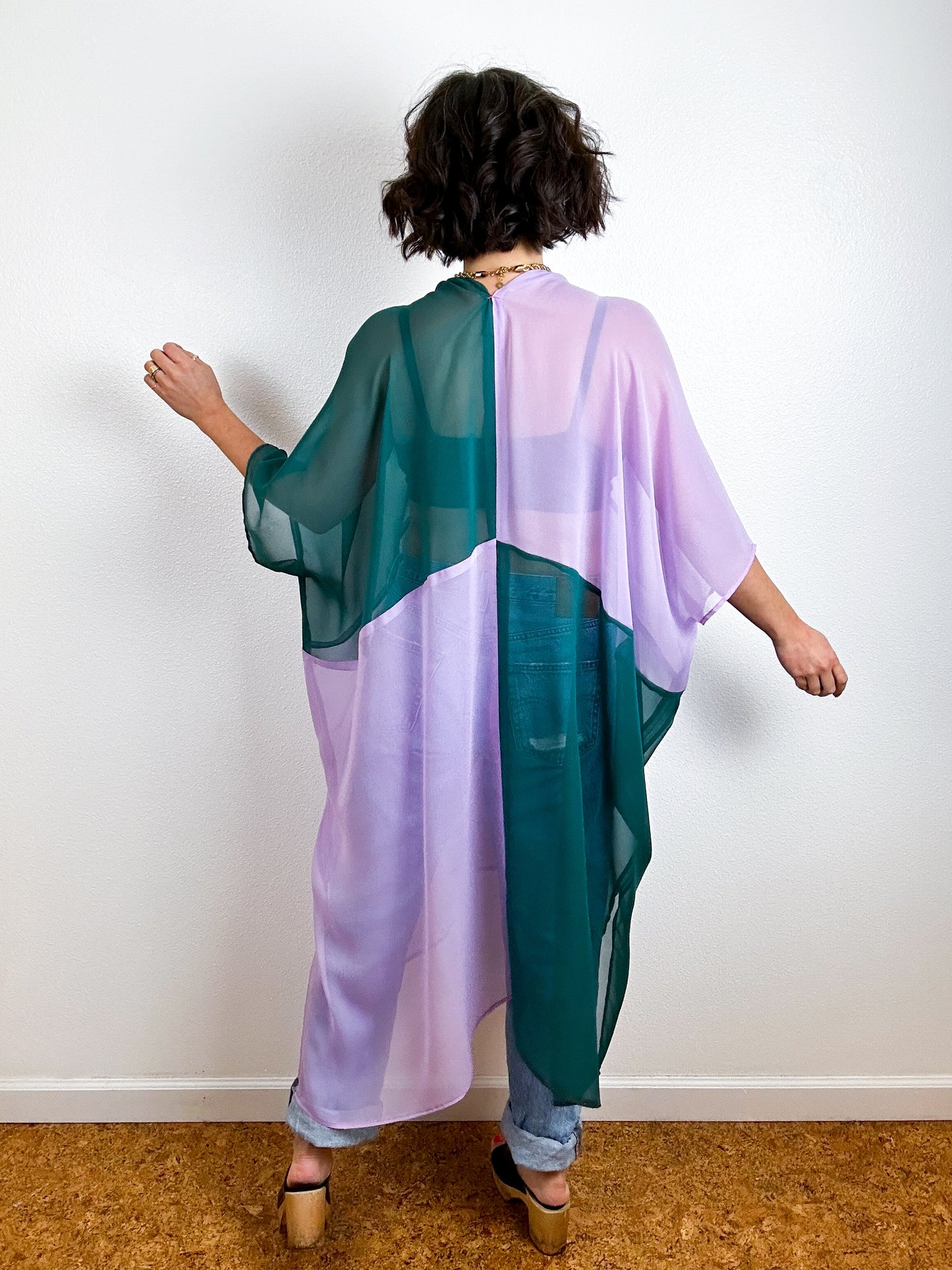 SILK Color Block Midi Caftan Dress Teal Lavender