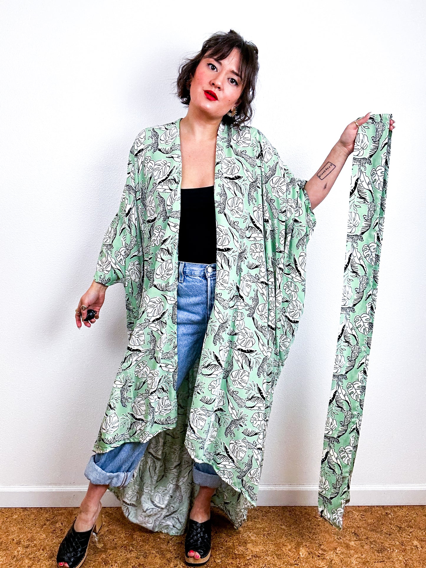 Print High Low Kimono Mint Cheetah Leaf Challis
