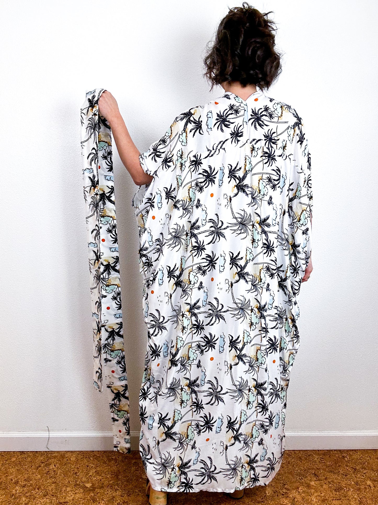 Print High Low Kimono White Palms Challis