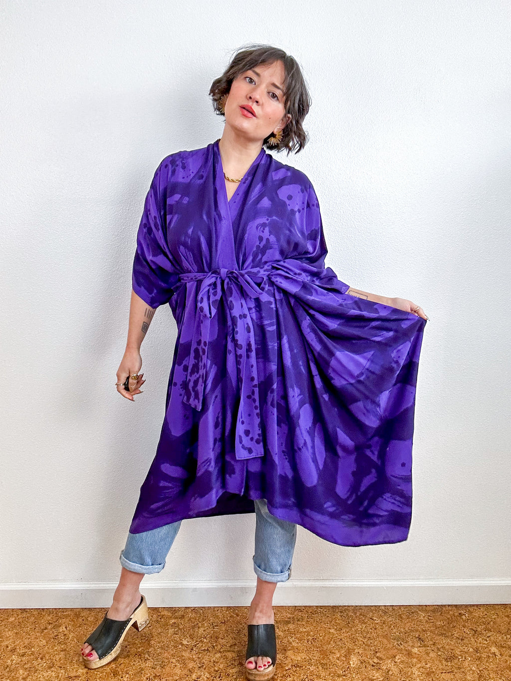 Hand-Dyed High Low Kimono Navy Purple Sumi