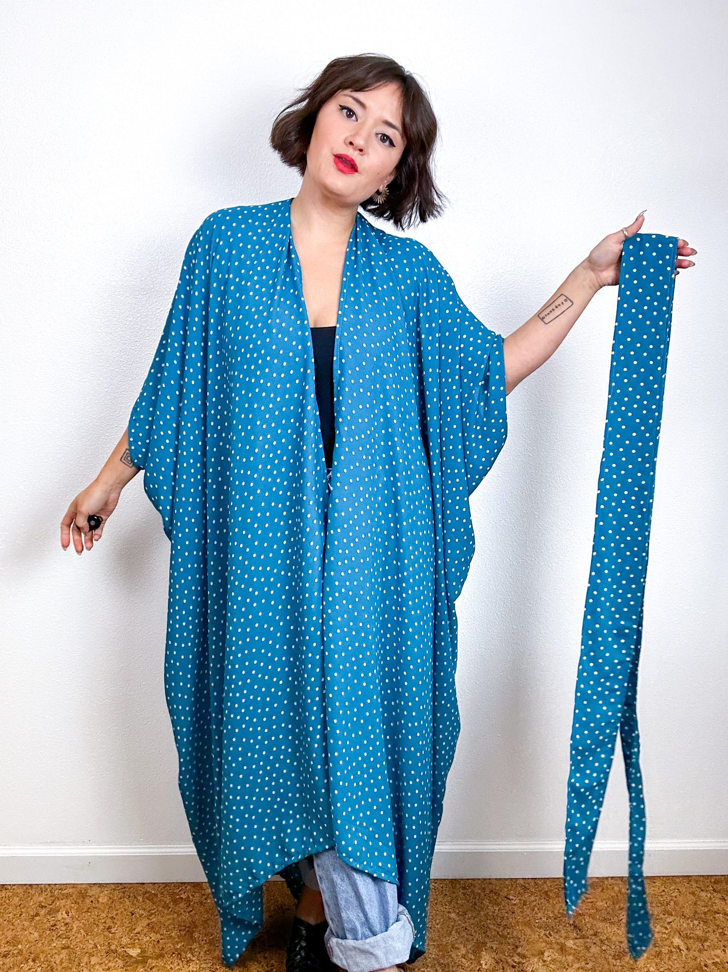 Print High Low Kimono Turquoise Dots Georgette