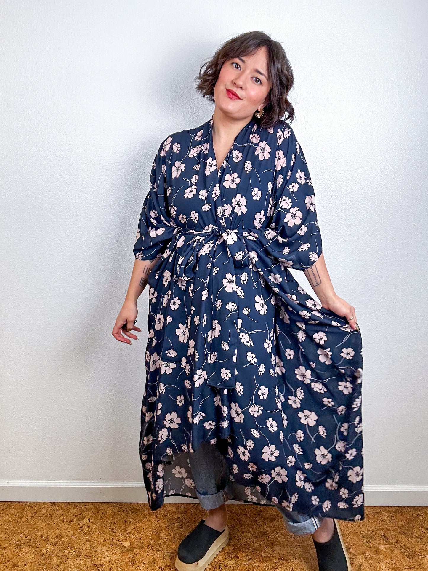 Print High Low Kimono Navy Blush Floral Challis