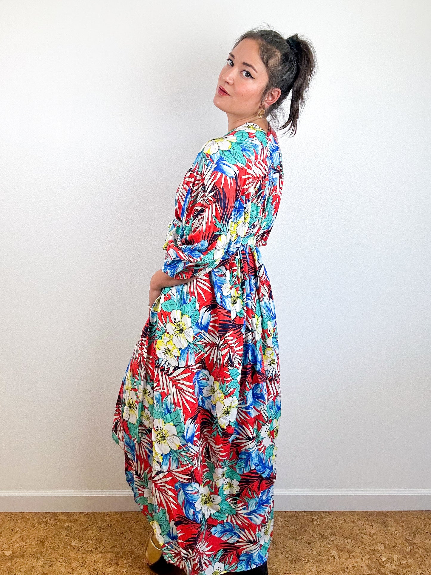 Print High Low Kimono Red Hibiscus Tropical Challis