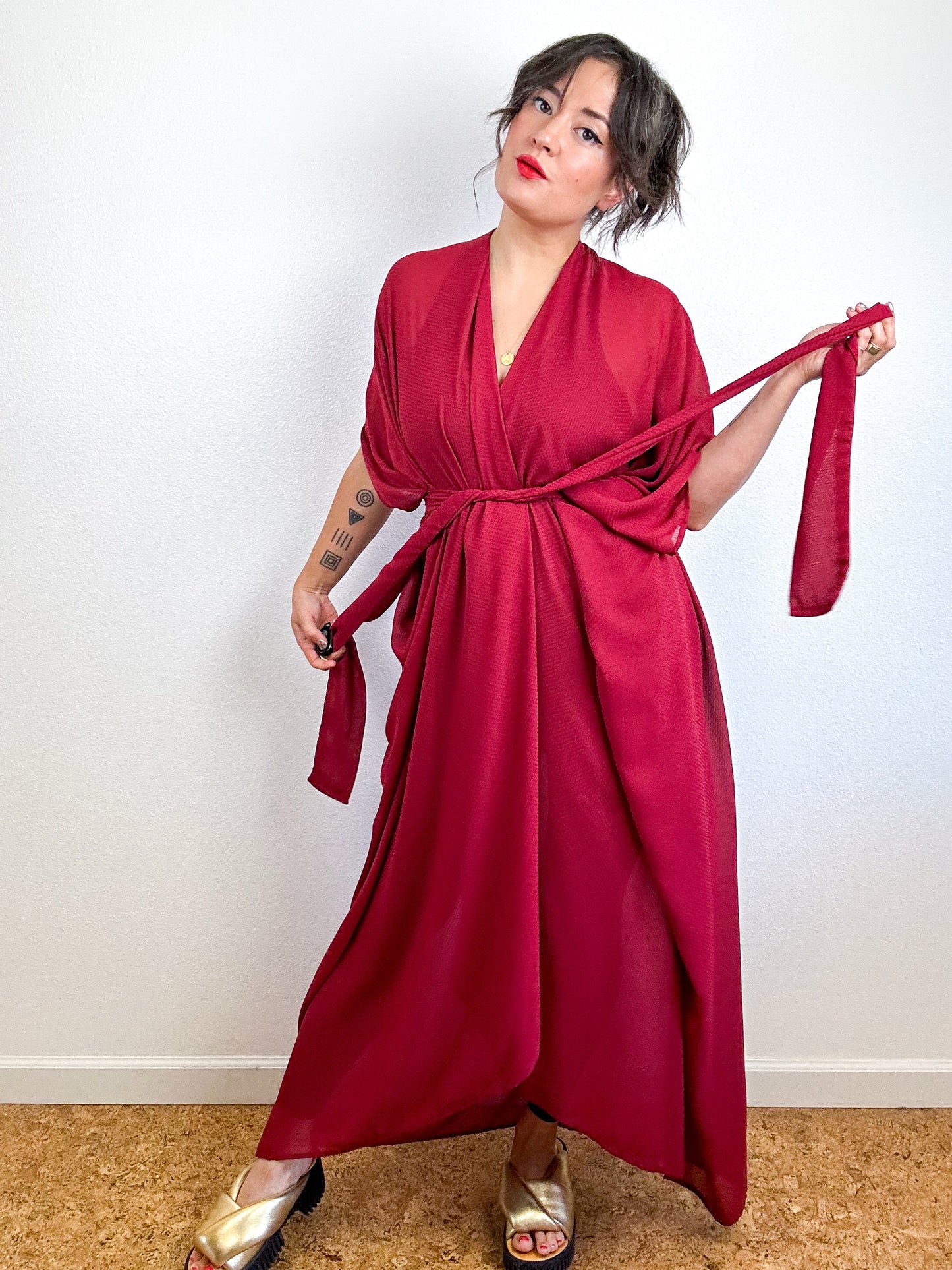 Print High Low Kimono Crimson Mini Grid Chiffon