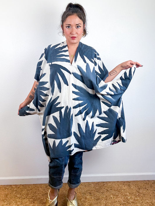 Hand-Dyed Knee Caftan Dress Ivory Black Palms