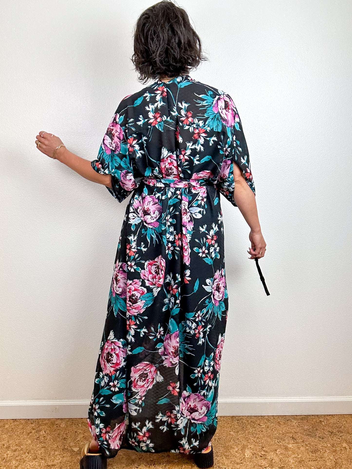 Print High Low Kimono Black Pink Floral Chiffon