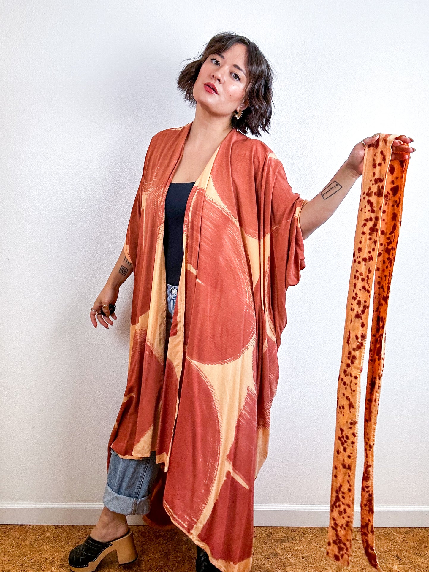 Hand-Dyed High Low Kimono Peach Terracotta Arc