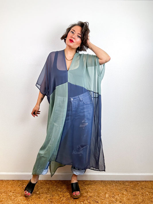 SILK Color Block Midi Caftan Dress Steel Sage