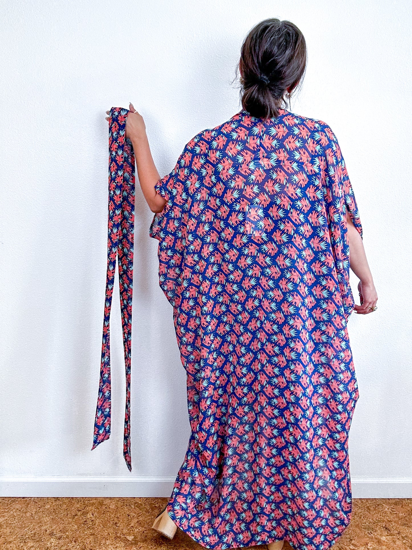 Print High Low Kimono Blue Scarlet Feather Chiffon
