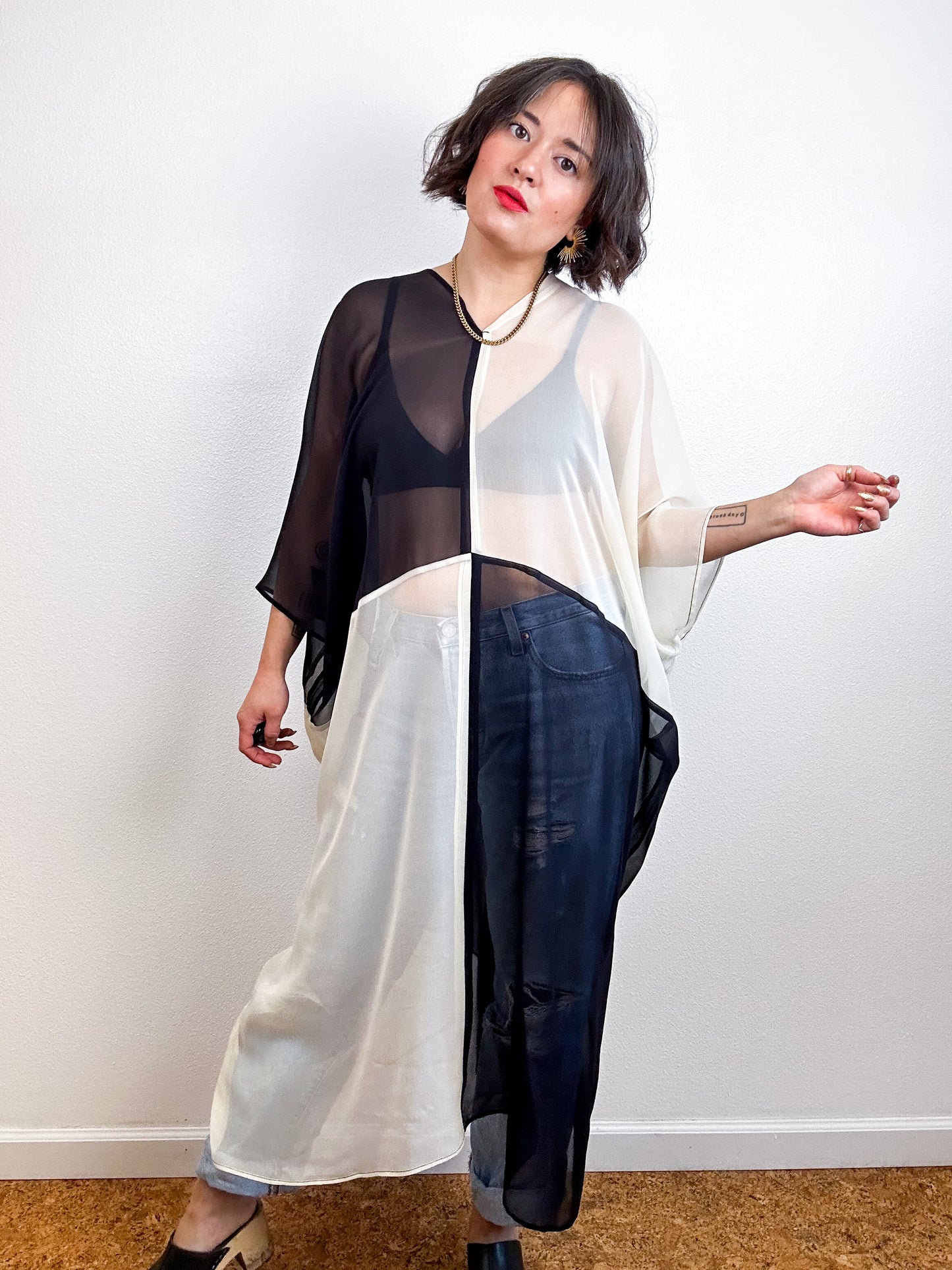 SILK Color Block Midi Caftan Dress Ivory Black