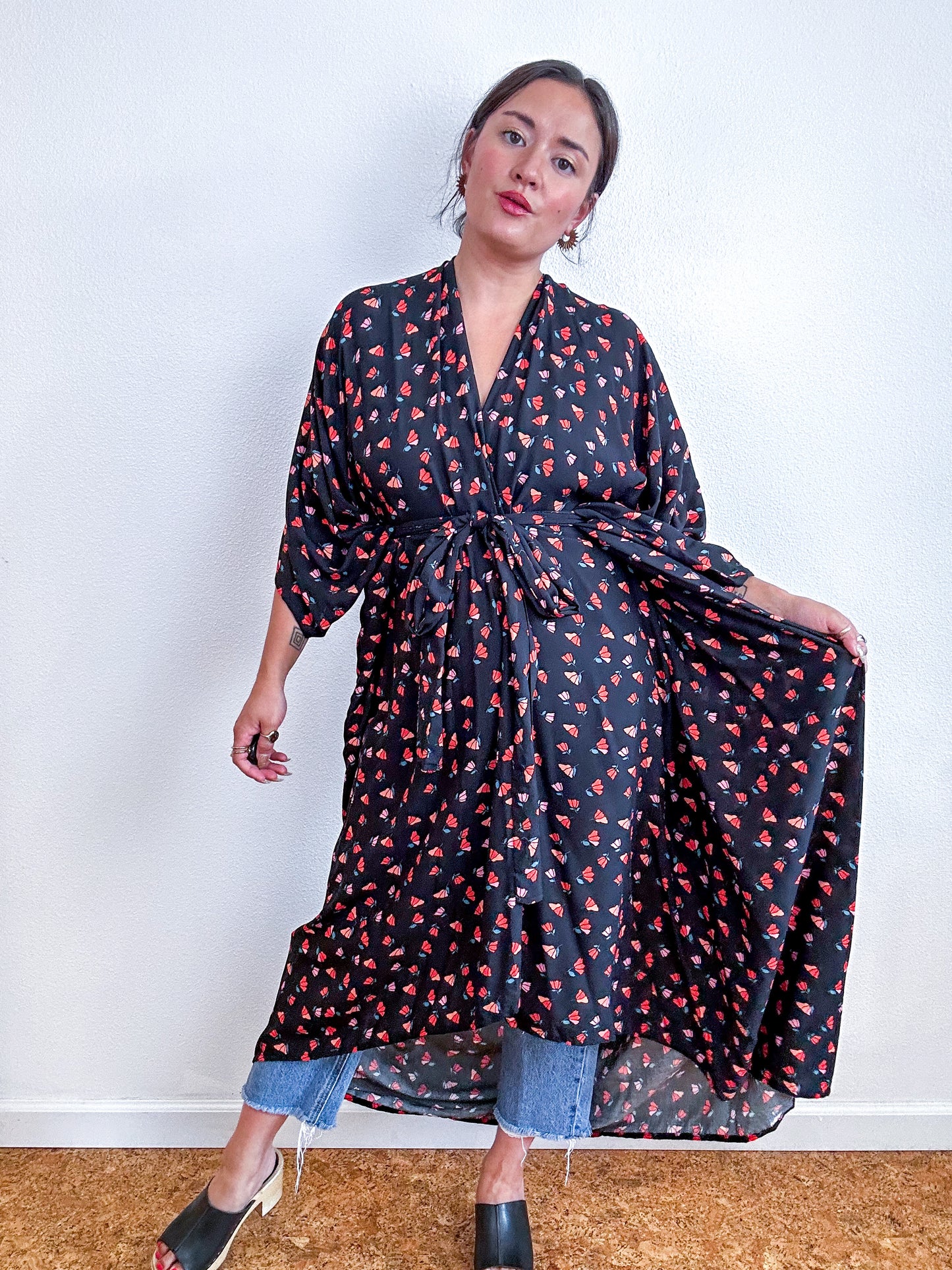Print High Low Kimono Black Red Mini Poppy Challis