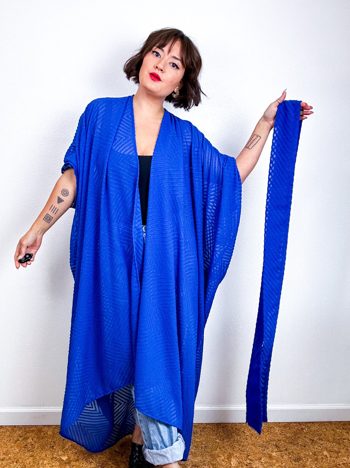 Solid High Low Kimono Royal Blue Chevron Chiffon