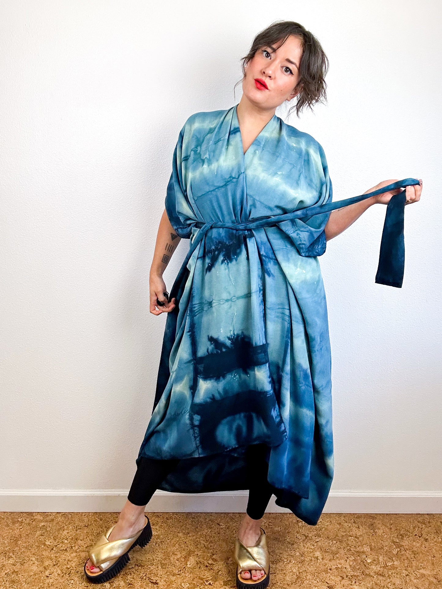 Hand-Dyed High Low Kimono Teal Watercolor