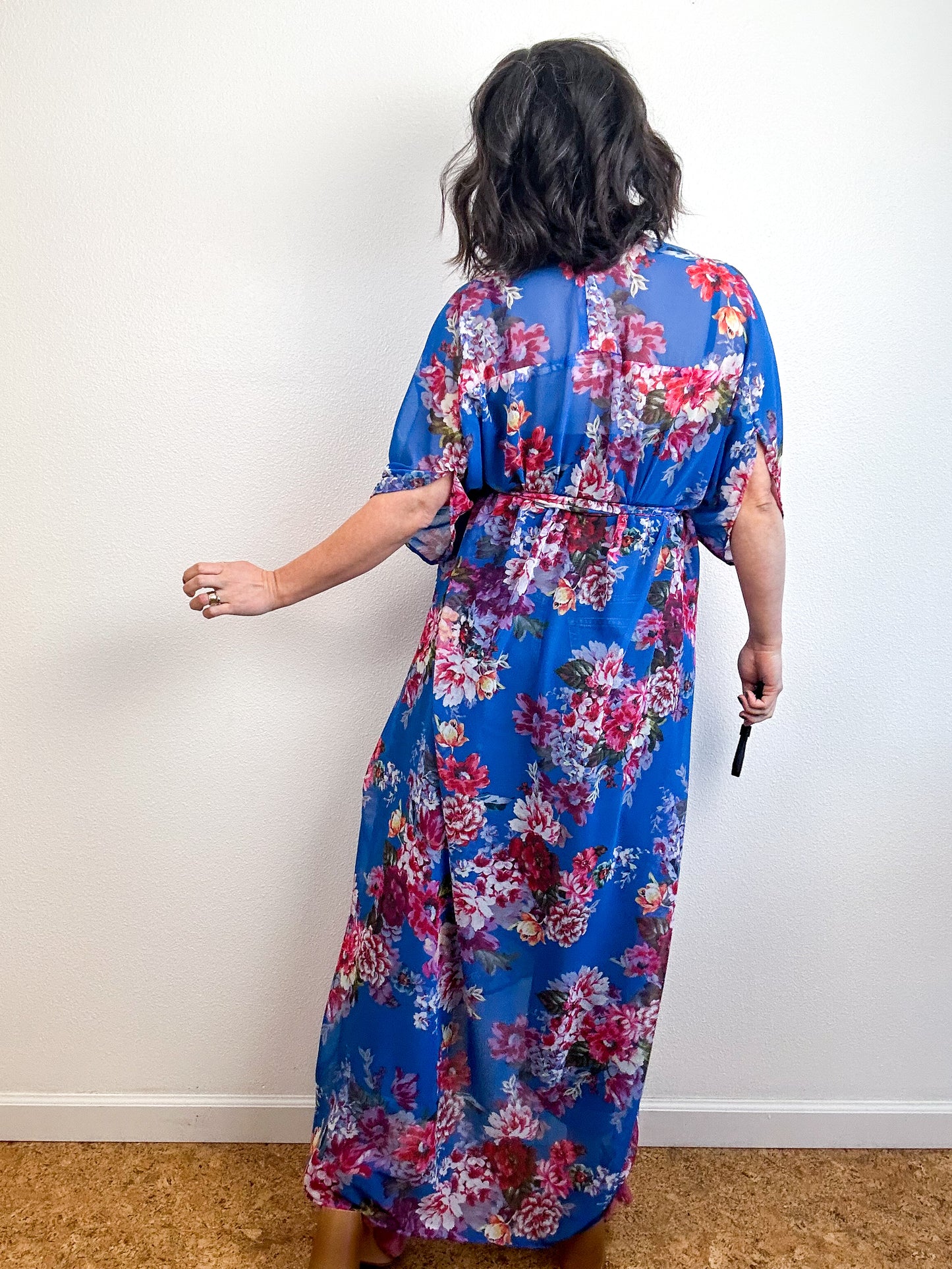 Print High Low Kimono Bright Blue Floral Chiffon