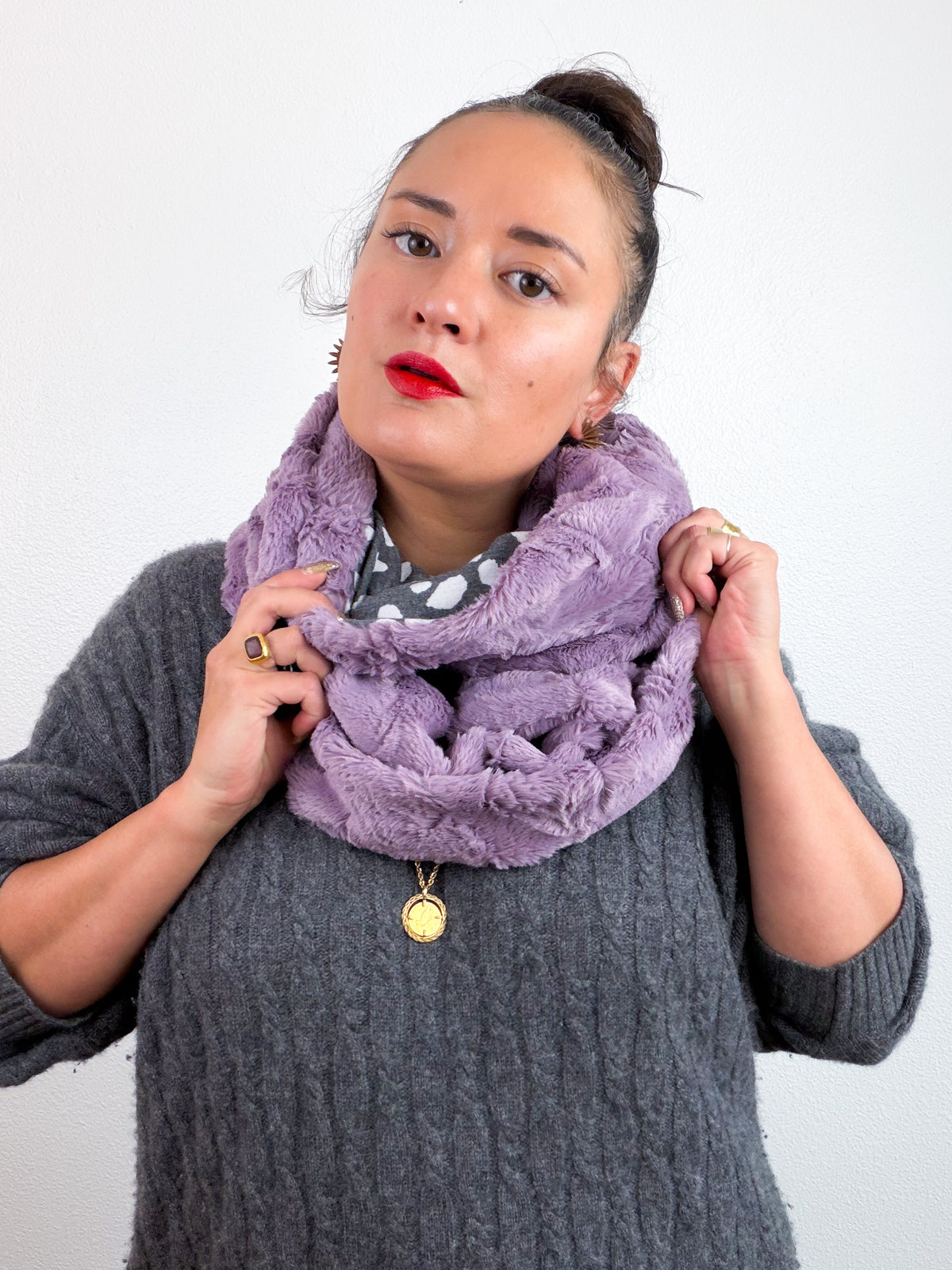 Faux Fur Circle Scarf Lavender Grey Dots