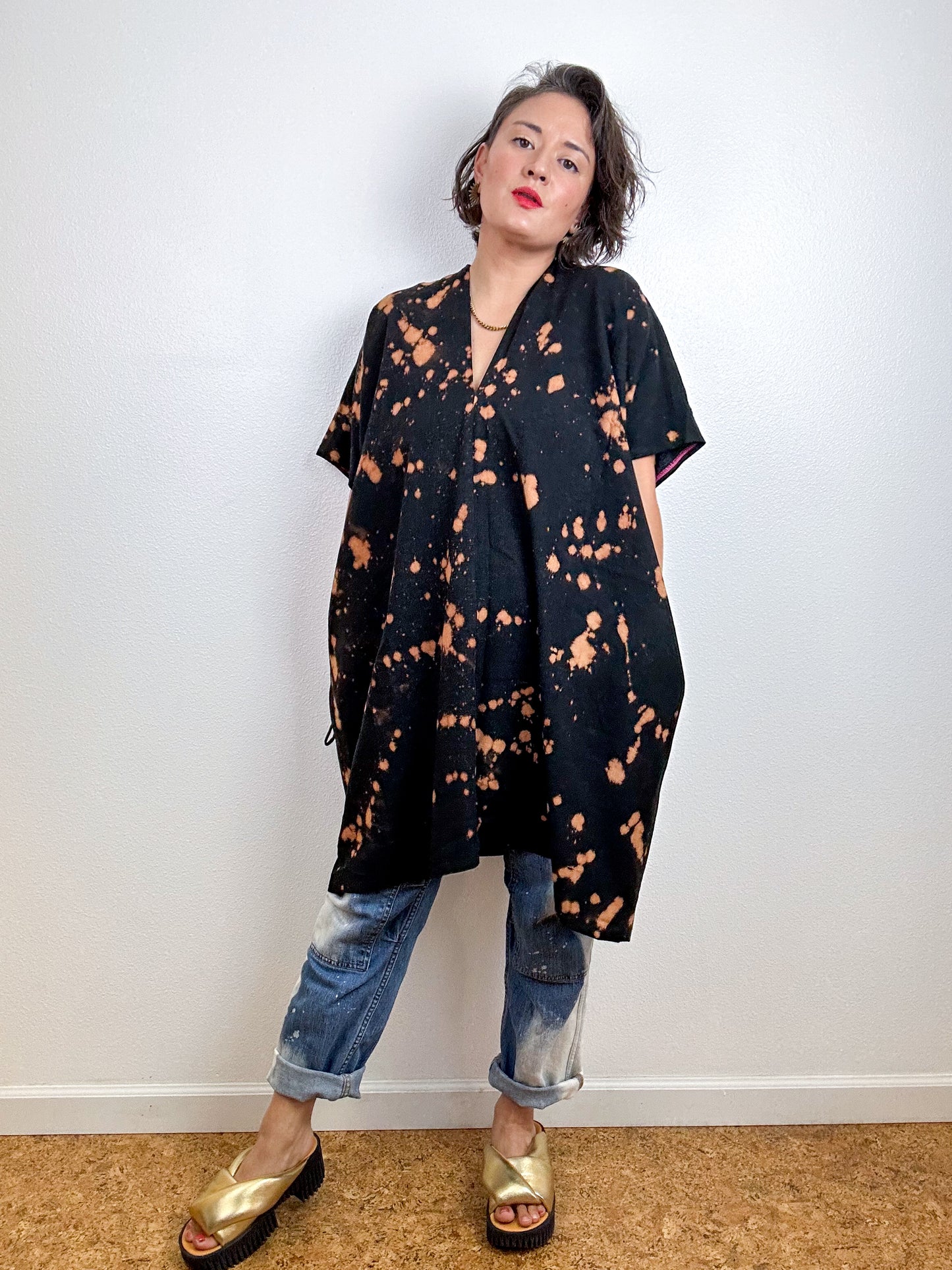 Oversized Hand-Dyed Linen Blend Smock Dress Black Bleach Speckle