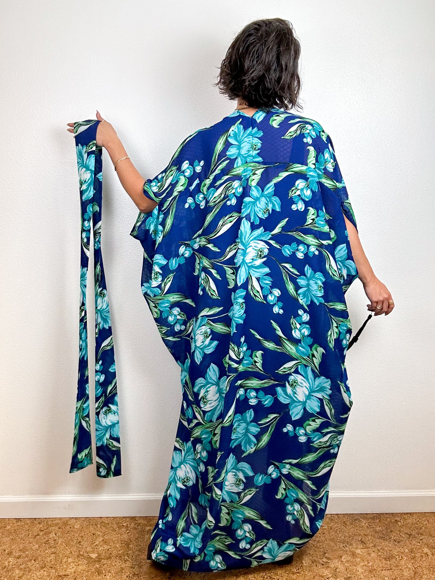 Print High Low Kimono Navy Aqua Floral Chiffon