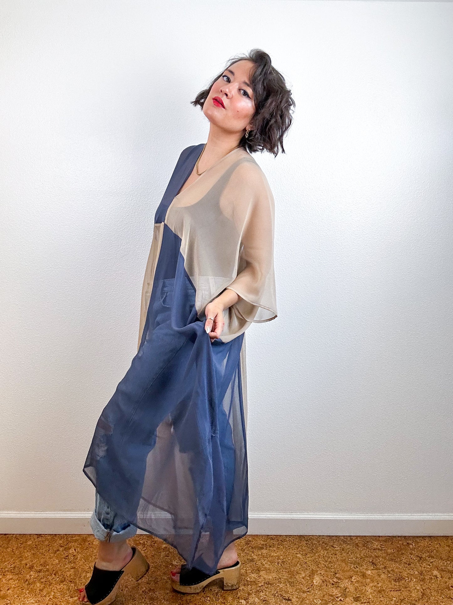 SILK Color Block Midi Caftan Dress Fawn Steel