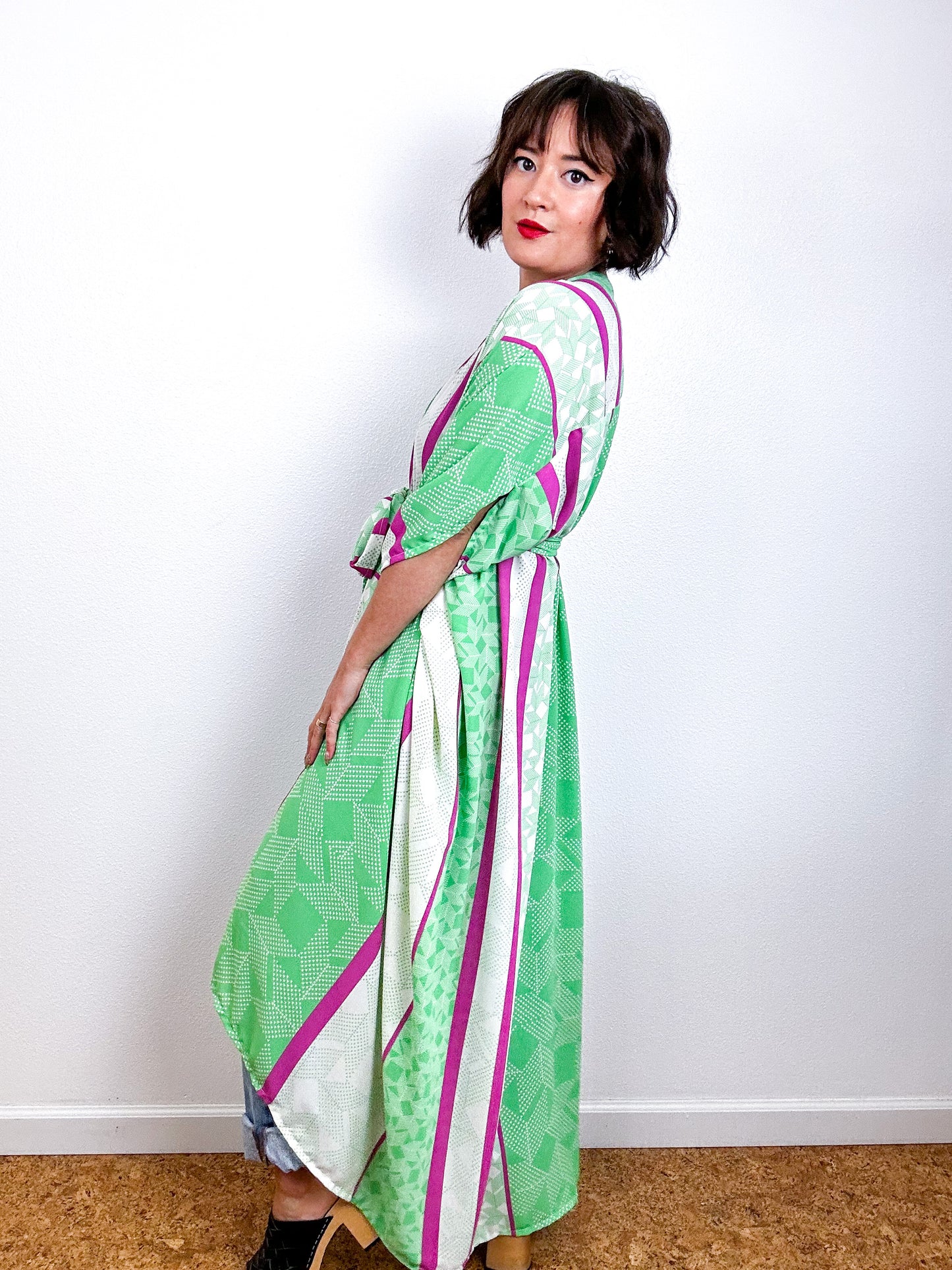 Print High Low Kimono Lime Magenta Ivory Georgette