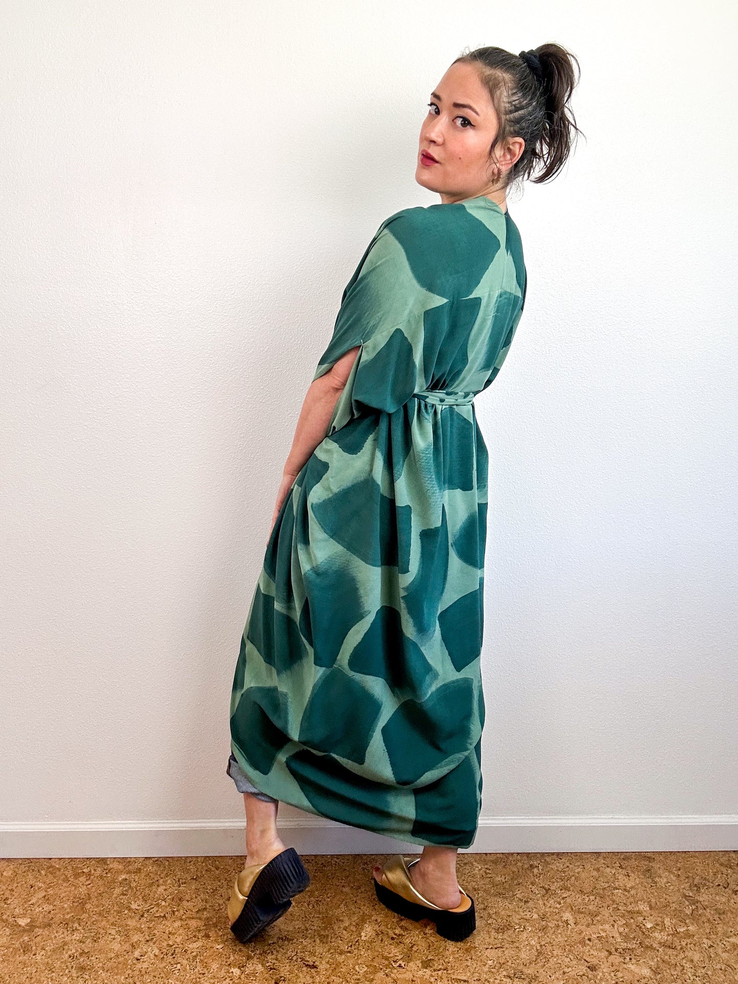Hand-Dyed High Low Kimono Sage Forest Brush
